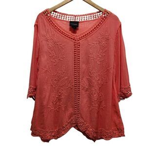 Liv Los Angeles cotton crepe cutout lace coral floral embroidery top small